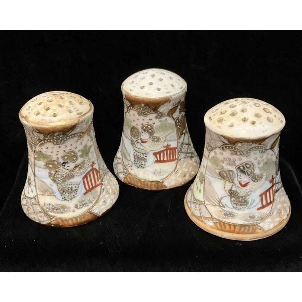 3 Gilded Antique Nippon Japan Oriental Hand Painted Hatpin Holders Gold Moriage